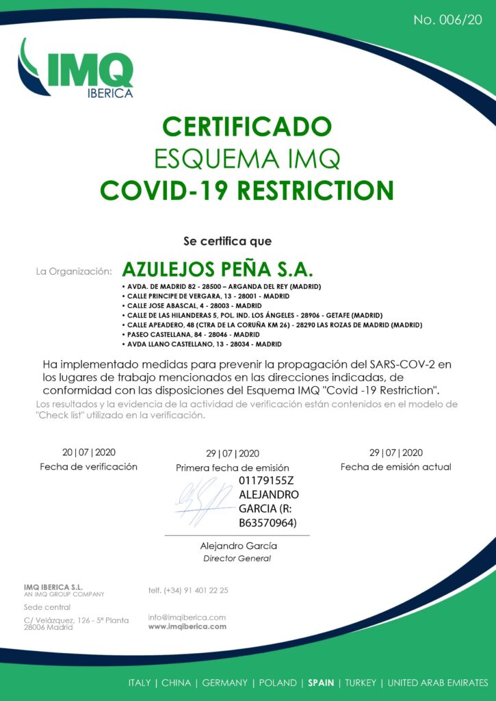 certificado covid 19 | Azulejos Peña