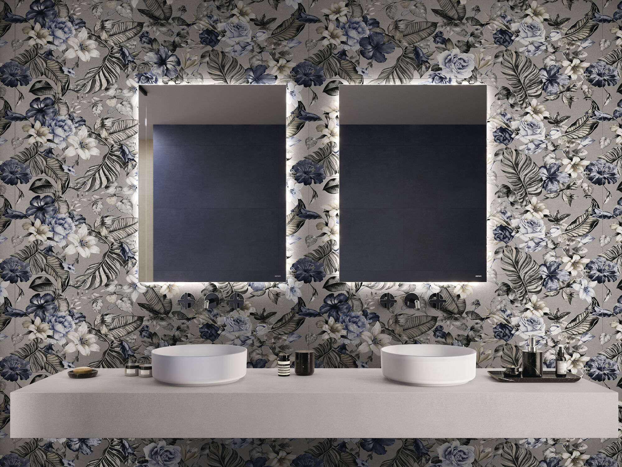 Cerámica que parece papel pintado con flores en tonos azules