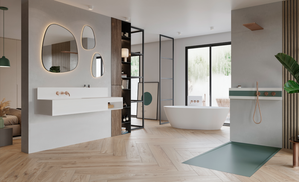 Cuarto de baño espacioso con madera porcelánica como protagonista