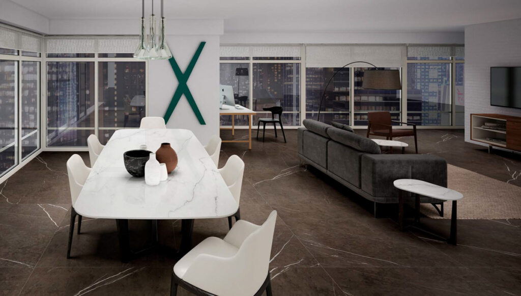 Mesa de comedor fabricada en mármol porcelánico.