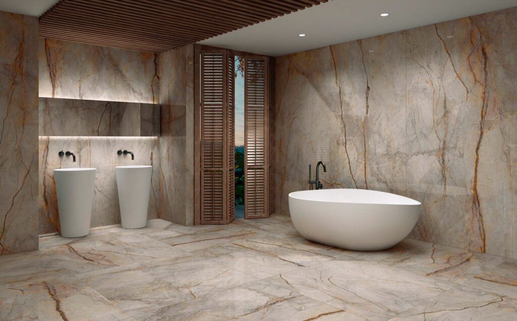 Sala de baño acabada en mármol porcelánico con vetas marcadas