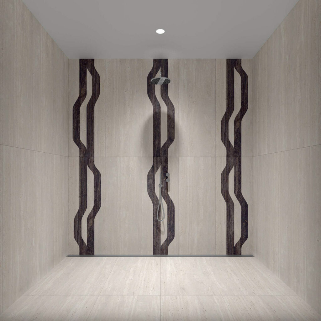 Sala de baño terminada en mármol porcelánico de estética Travertino.