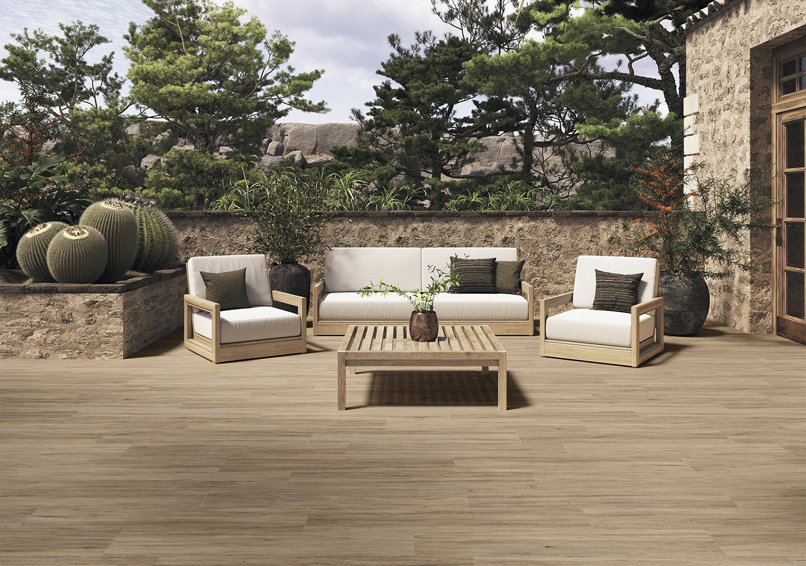 Jardín exterior pavimentado con madera porcelánica