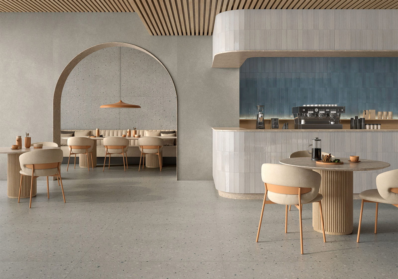 Banner Pavimento Cafeteria Dolce Gris 120x280 Revestimiento Vita Gris 60x120 Azulejos Pena Madrid