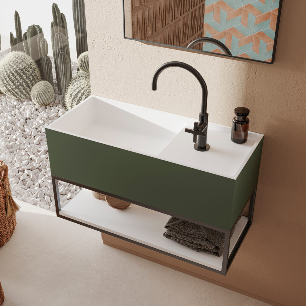 Lavabo moderno integrado en mueble con grifería moderna en color negro