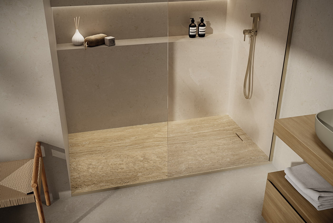 Amb Bano Minimal Korvit Travertino Real Azulejos Pena Madrid